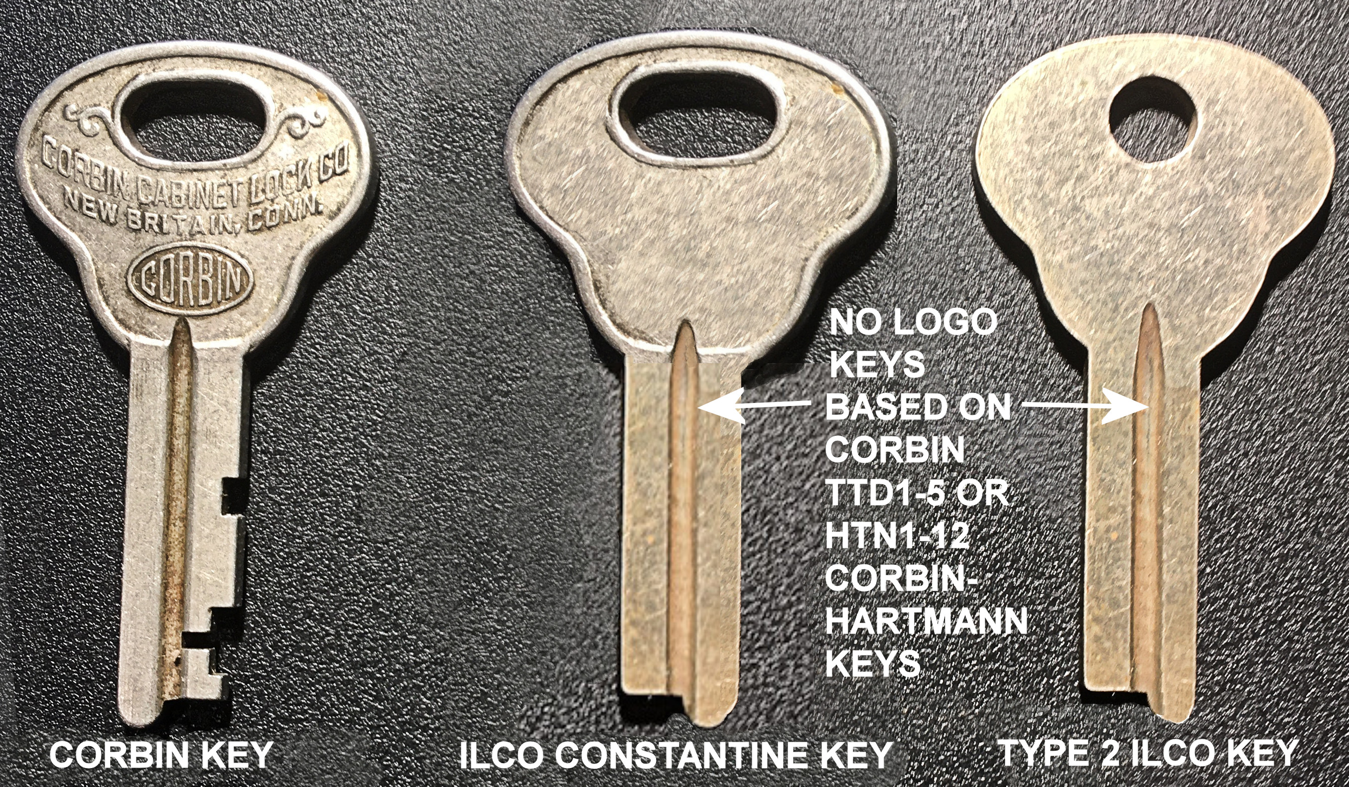 CORBIN LOGO AND TWO ILCO NO LOGO BLANK KEYS- ONE WITH OVAL AND RIDGE- OTHER WITHOUT OVAL AND R...jpg