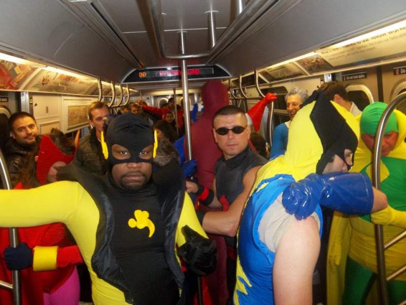 17 avengers on the subway headed to times square...  we got a LOT of attention