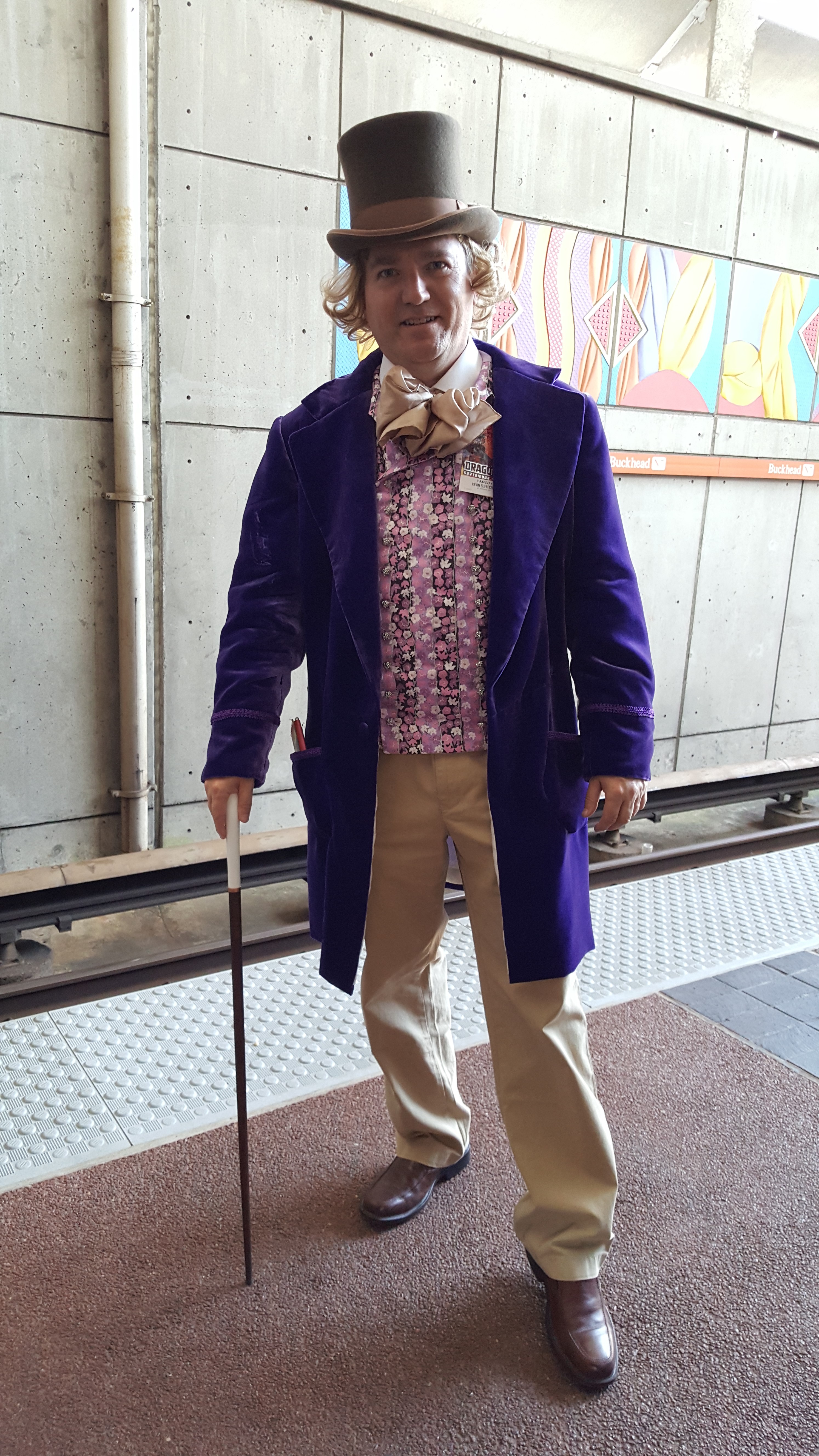 A candid full body shot of my custom Wonka costume.