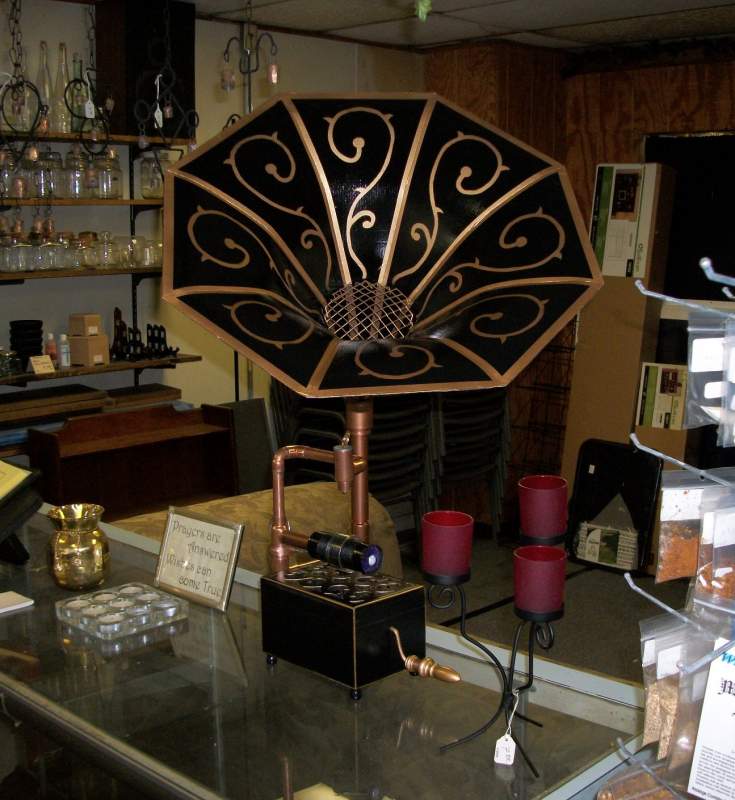 a steampunk phonograph with laser stylus, made for a LARP.
