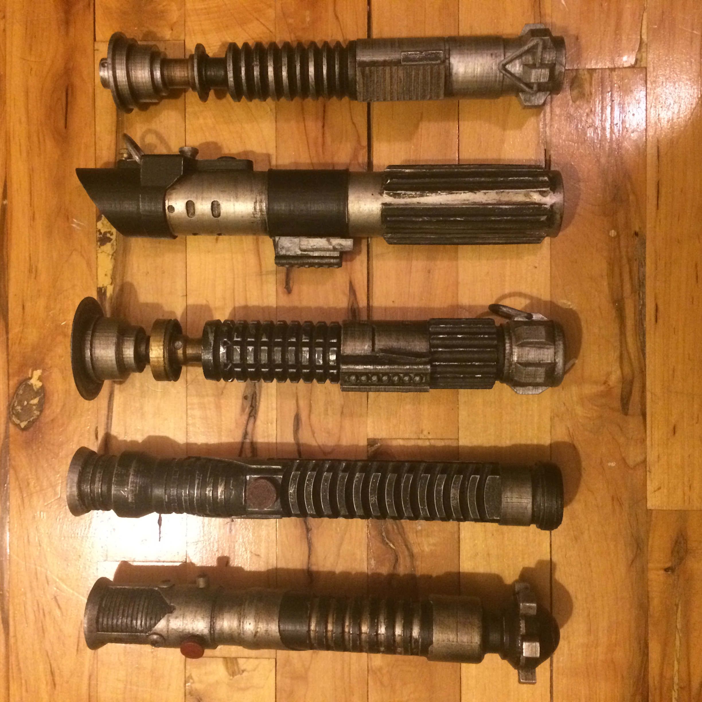 All 5 sabers, Obi and Qui gon-TPM, Obi and Vader-ANH, Luke-ROTJ