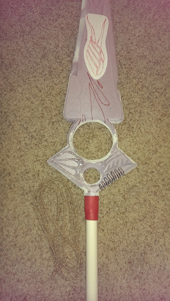 Certainty, with hot glue details under the paper mache layer and a stencil for the lyrium veins