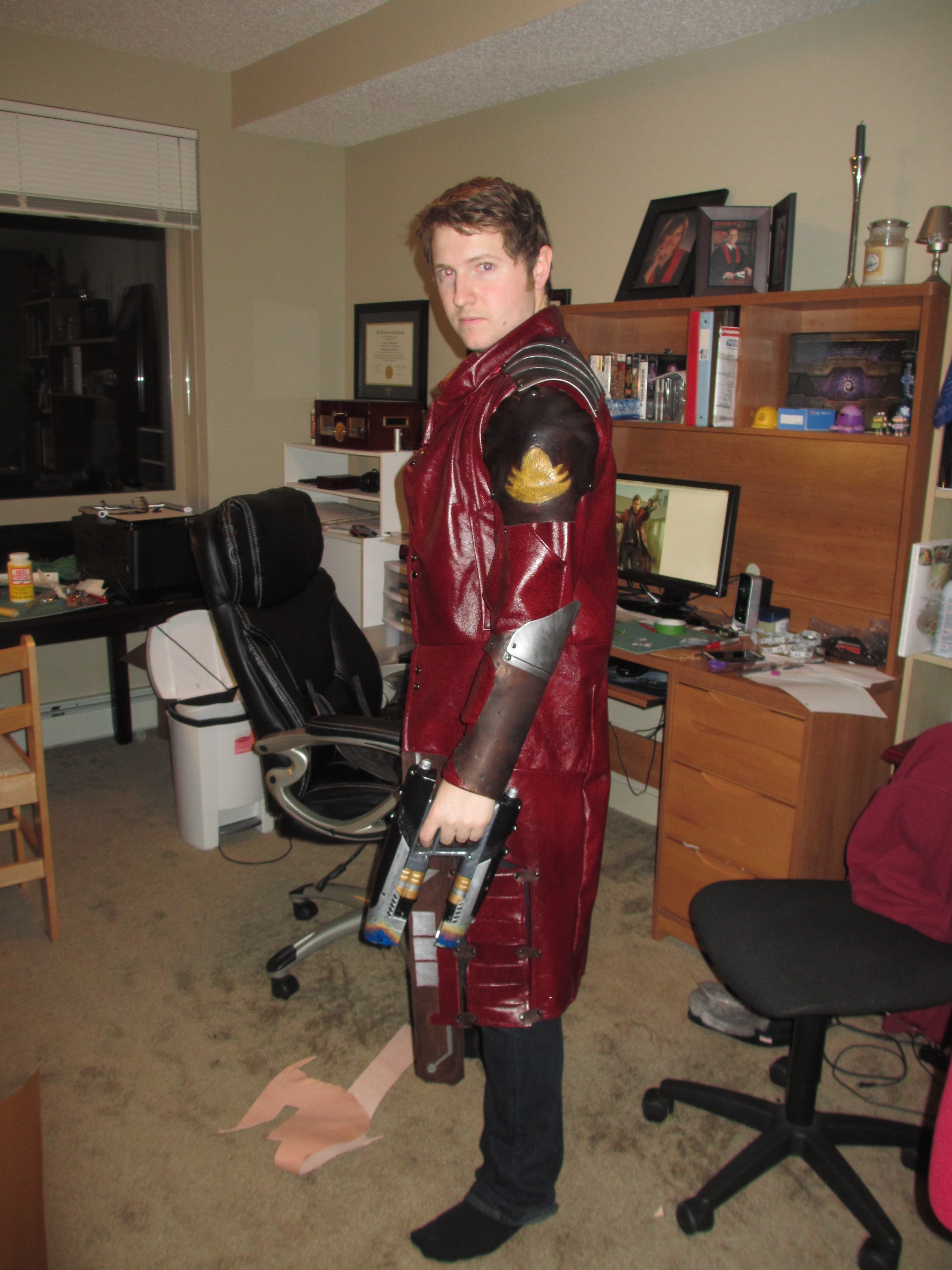 Completed jacket, made from leather and quad blaster, modded from the Nerf gun.
