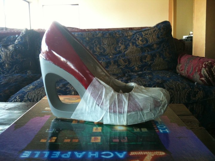 Created my Siren Gem shoes by frankensteining two different pairs together and then painted them white as seen here.