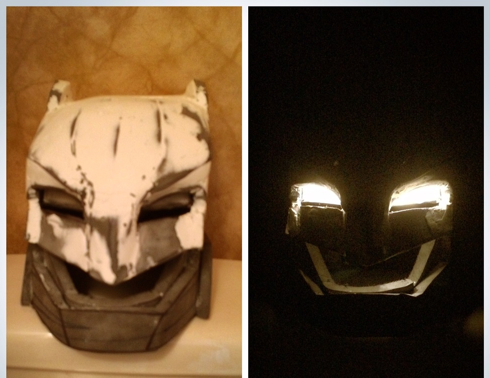 finished with some spakle, I know people use bondo but this will have to do.. lights are in.. he can see. now time to plasti dip then paint