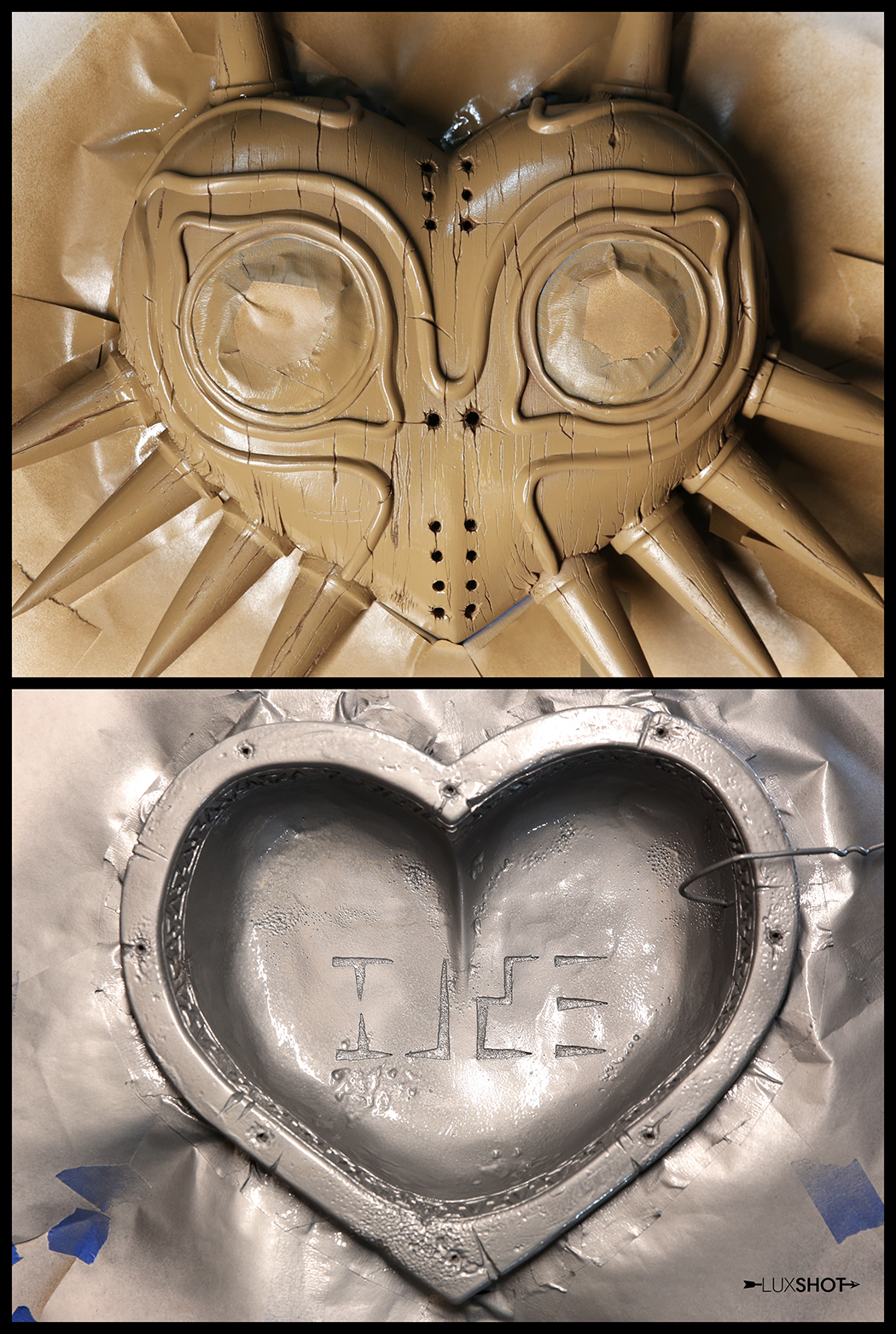 First step after primer, the base coat. In this case I used a wood color for the front of the mask because when I paint with the other colors there wi