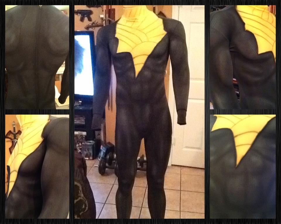 First we sewed a lightning bolt on the spandex suit with lines sewed into it

It was airbrushed