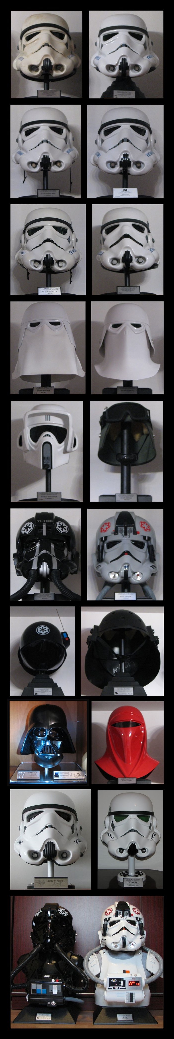 Helmet collection - TE2 Sandtrooper (weathered by Madrid Boba), ANH SDS stunt, ANH TE2, ANH RS Prop Masters, ESB ATA, ROTJ CfO, MonCal (FAC) Snowtroop