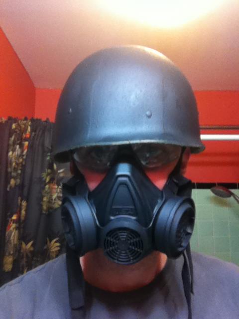 Helmet I picked up at army surplus and painted flat black to match what everything will eventually be painted. The mask was laying around int he garag
