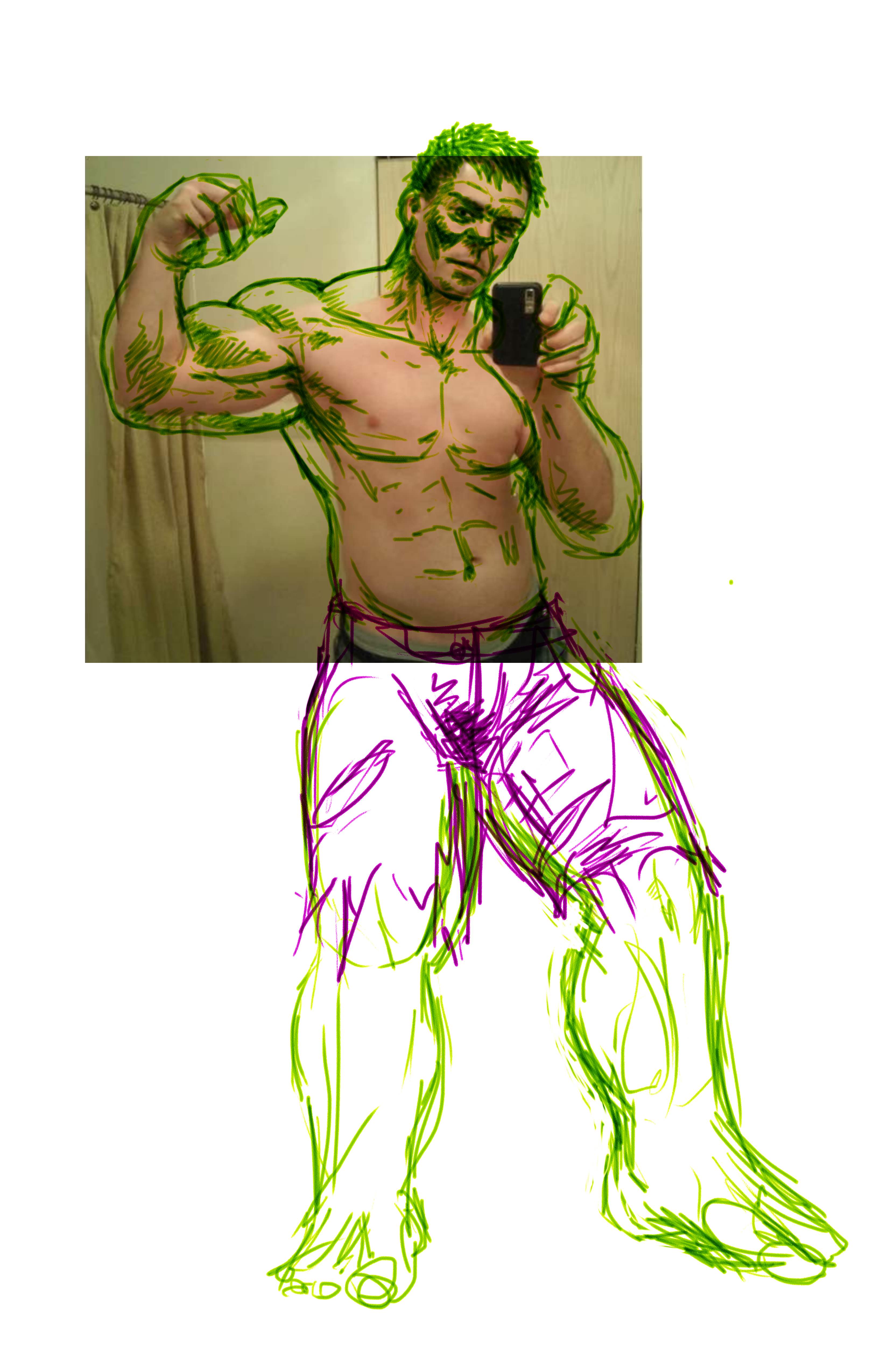 hulk costume concept sketch, a very rough sketch of hulk over a picture of myself.