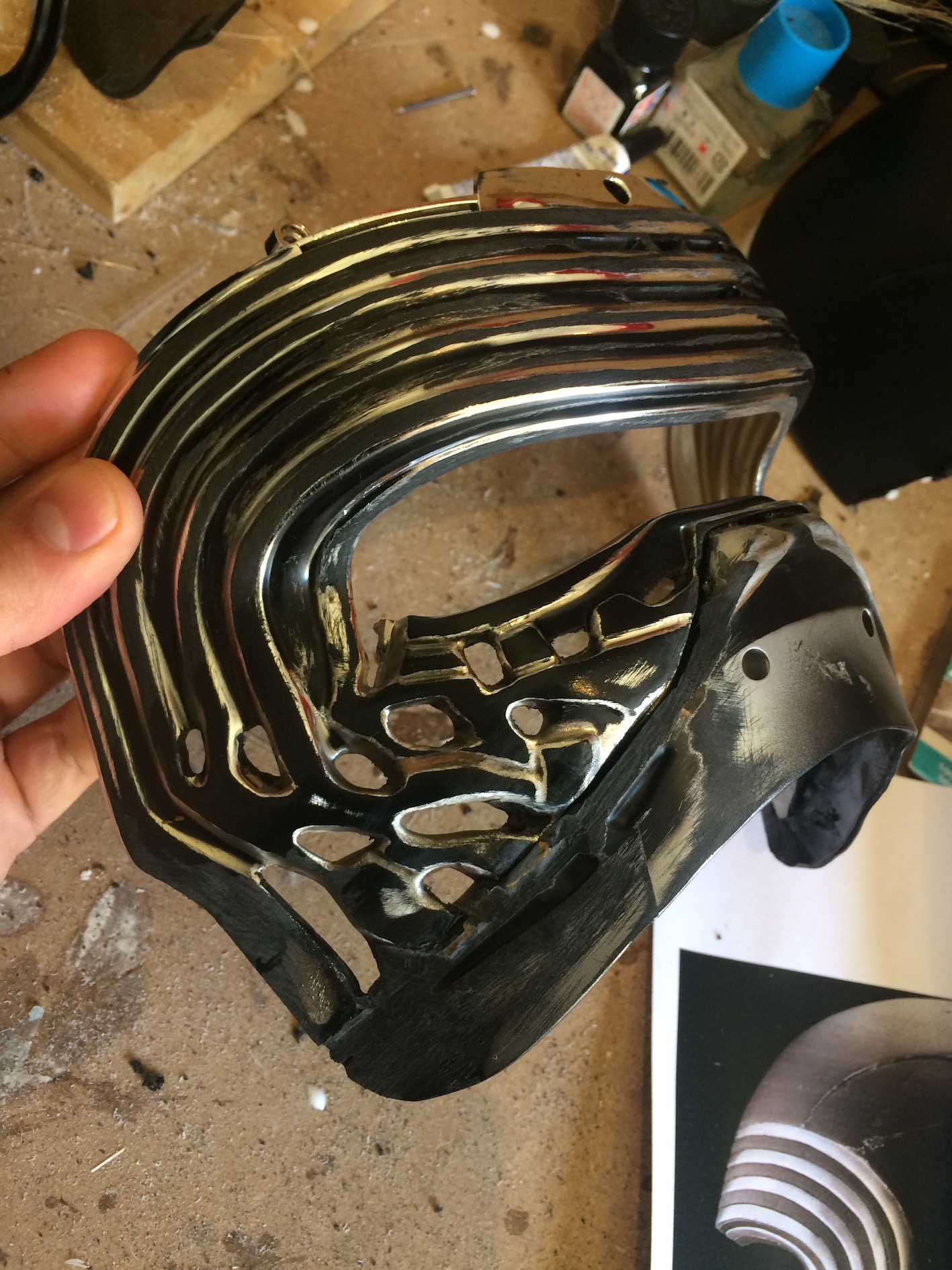 I cut off the disney section to graft onto the BS helmet. I also started sanding down and flattening out the chrome section (its way too rounded). Yep