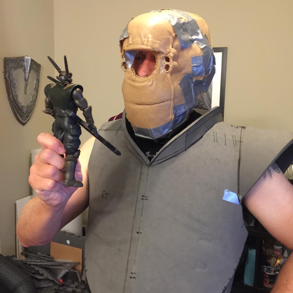 I made this helmet shell out of worbla to see how the helmet will most likely fit on Brett's head. The chin comes very close to the collar, so I know