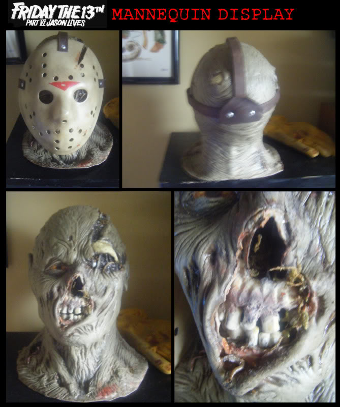 jason bust - head section - Crash mask, modified Nightowl mask. Cur of the rubber skyll and added a model skull. Added Moss & worms and shallacked mag