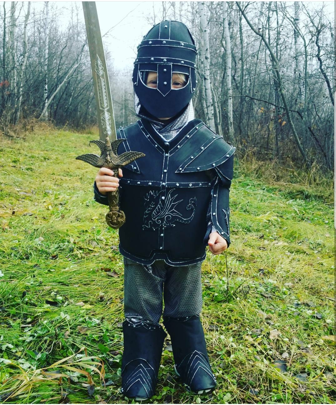 Knight made with cardboard and foam. The chain mail was made sewn with decorative stretch fabric to give the appearance