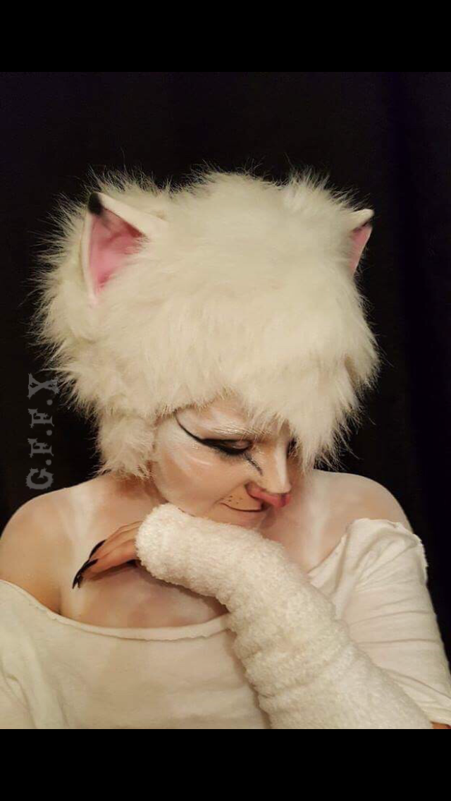 makeup inspired by the musical CATS

hand sculpted cat ear bald cap with fur hood