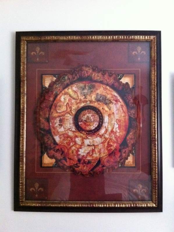 Map in frame I got at Micheal's with this in mind. Still need to add the small black beads on each circle of the map.