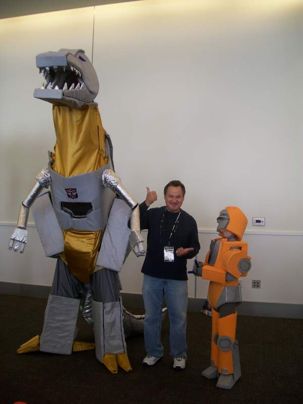 Matt as Wheelie with our buddy Dave in his Grimlock costume with Gregg Berger (voice of Grimlock).