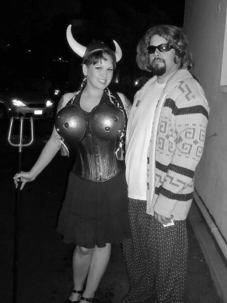 Maude and The Dude.  I loved making the big bowling ball bosom.  The Big Lebowski sweater is from thrift store, it's a Pendleton.