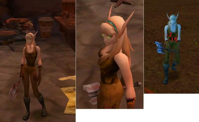 My blood elf hunter (from World of Warcraft) reference pics with her melee weapon, a two-handed axe. These screen caps were taken when she was about l