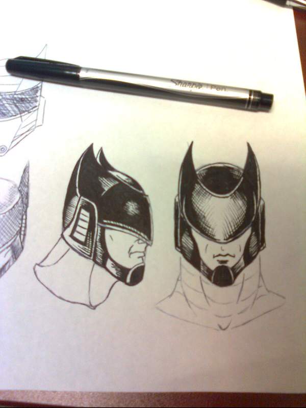 My sketches of the helmet, front and side profile.