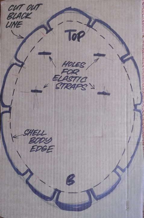 On a new piece of card, draw around the body of the shell, marking out the shell edge and strap holes