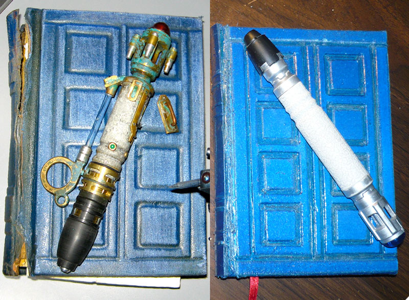 On the left is the actual prop from "Silence in the Library/Forests of the Dead" and to the right is my copy in the form of a slip-cover made from mat