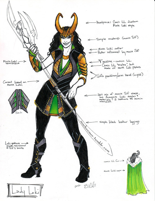 Original design breakdown for Lady Loki, as inspired by primarily Avengers-verse Loki, as well as comic and film versions of Loki & Sif.