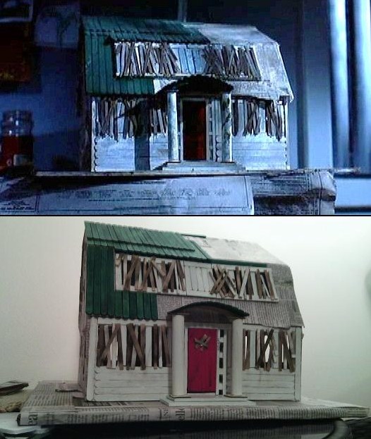 Paper Mache Popsicle Stick Freddy House
Split screen shot of original house from the film on the top and my replica on the bottom.