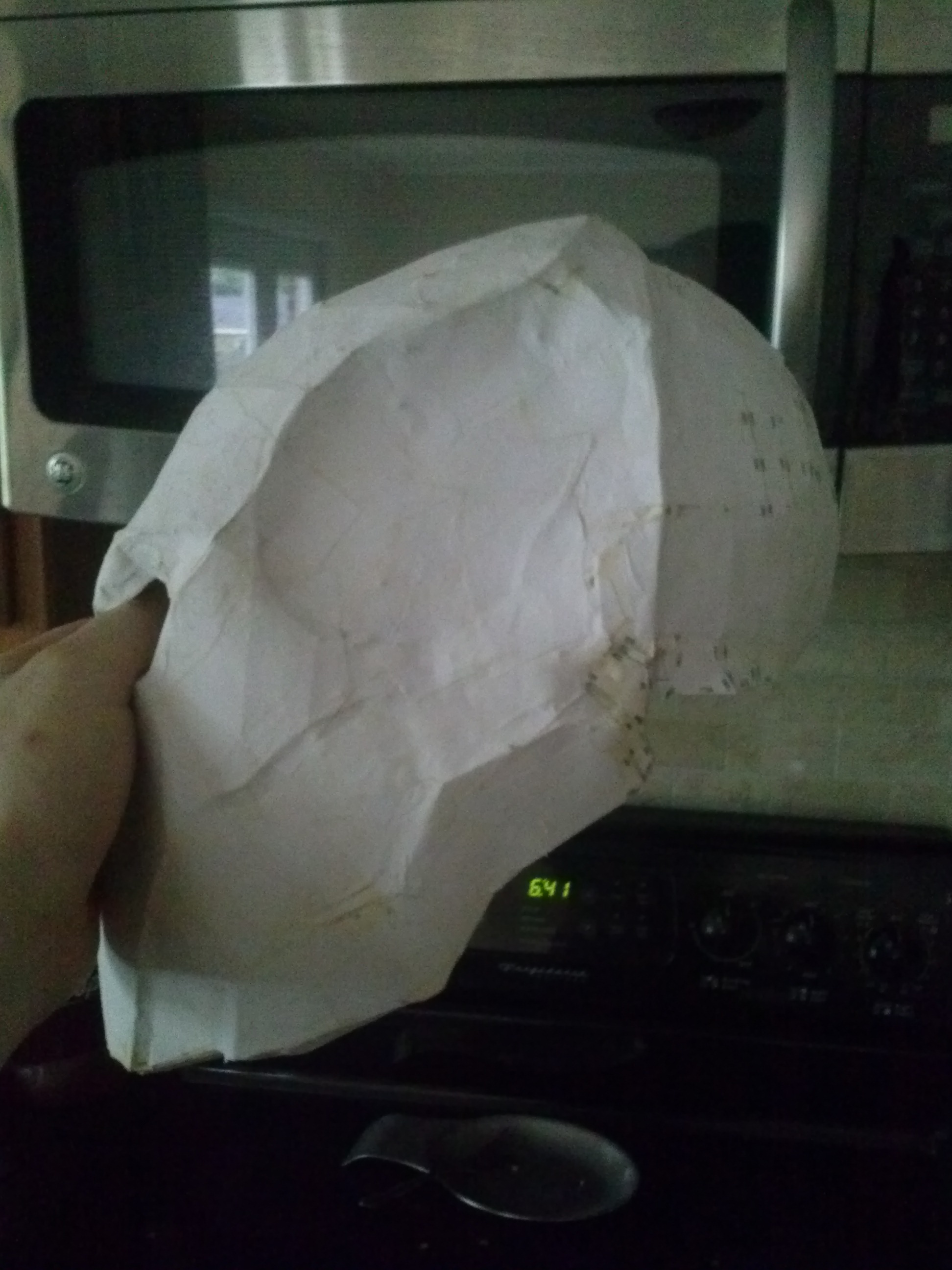Pep mask with some papermache on it