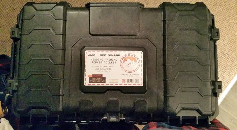 Red Dwarf Vending Machine repair kit sticker on one of my leather toolboxes.