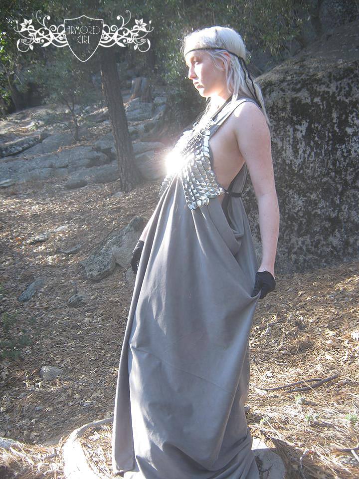 Scalemaille vest, leather and fabric draped dress.