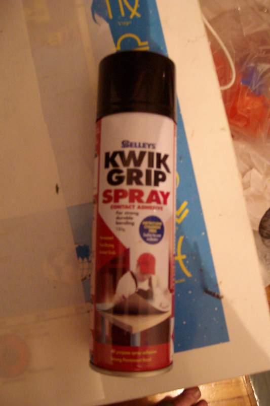 Selley's Kwik Grip Spray Contact Adhesive. $10 from Clark Rubber, but it works a treat!