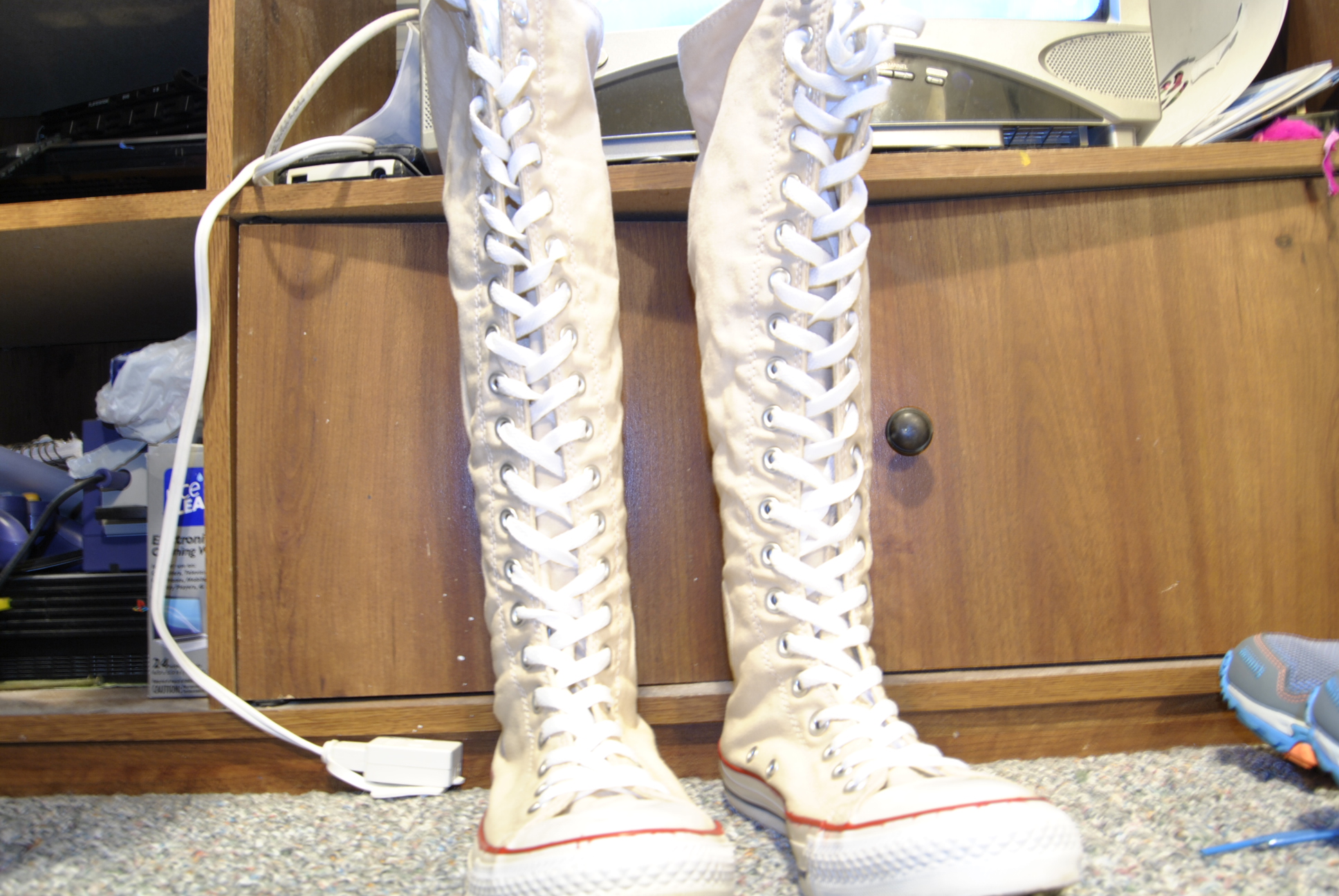Slightly clearer photo of converse boots. I tea dye the shoes and painted  the black stripes red and blue. | RPF Costume and Prop Maker Community