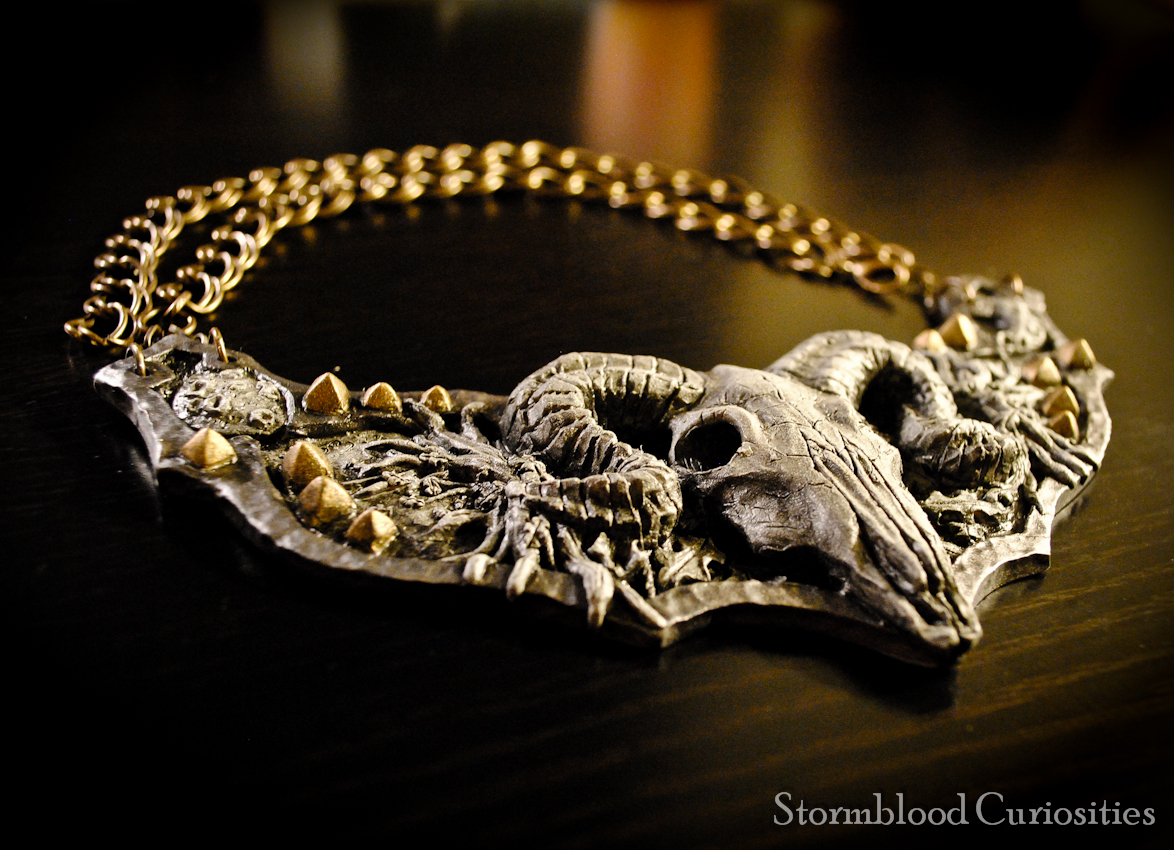 Special commission for a wearable art piece to represent a few themes requested by the client. A ram skull as the centerpiece. One solid piece of poly