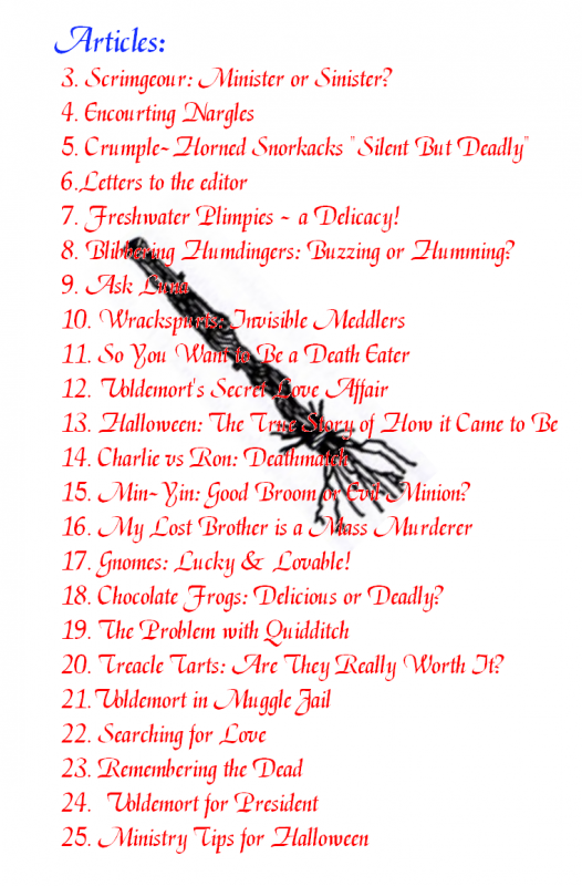 Table of Contests in my first Quibbler - Scrimgeour:Minister or Sinister?