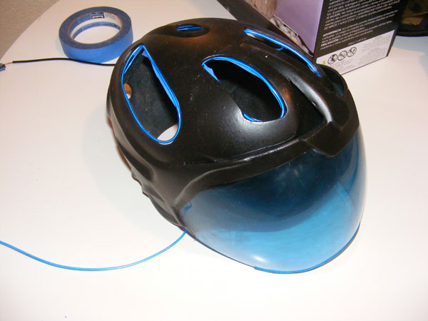 The start of my tron helmet. I stated with a bike/skateboard helmet and worked from there.