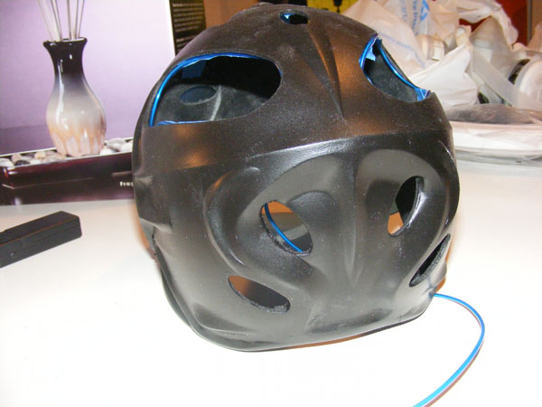 The start of my tron helmet. I stated with a bike/skateboard helmet and worked from there.