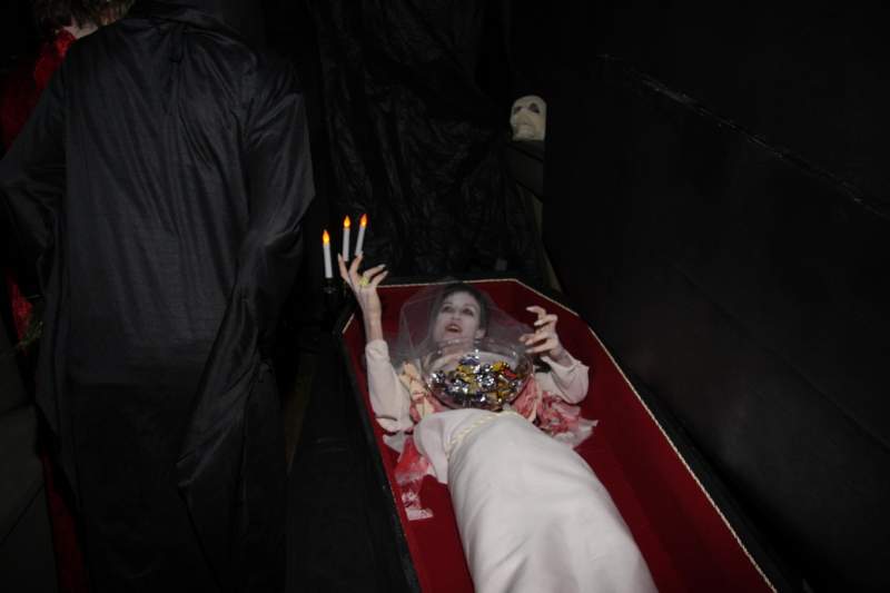 The Vampire Countess. A full size coffin scratch built from insulation board, lined and fitted with a two thirds torso featuring splayed ribs and cand
