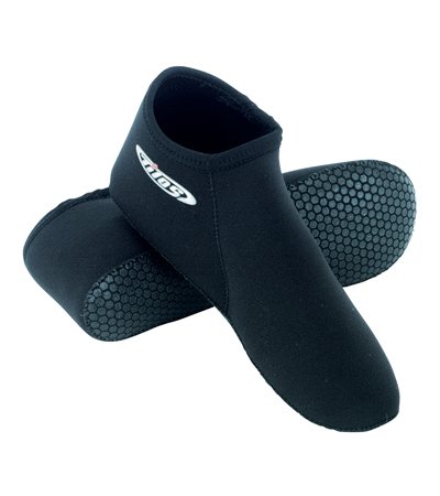 Tilos 3mm neoprene diving socks for wearing inside the suit. 
This provides shape and stability to the bottom, as I'm spraying on a sole, not attachi
