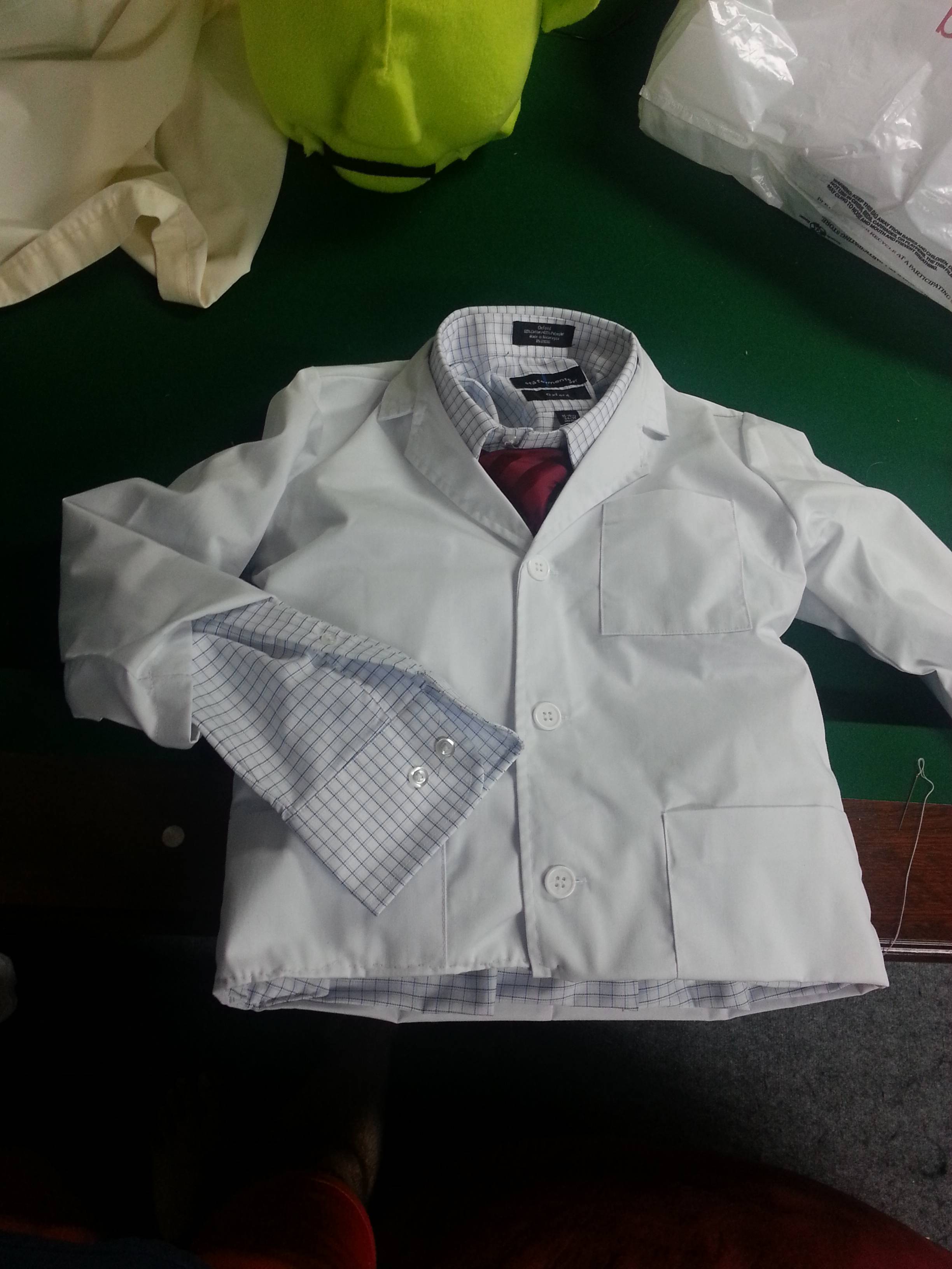 Toddler lab-coat, dress shirt, and red tie stitched together.
