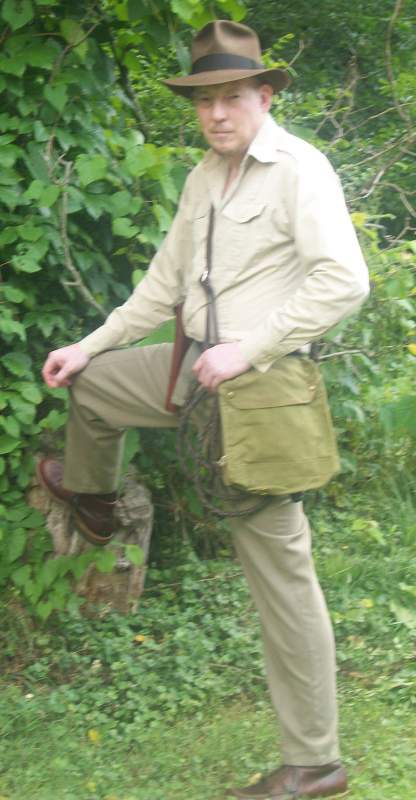 wearing coyals screen accurate shirt. gas mask bag. my aldens boots.a pair of close enough,pleated with back pocket flaps from the good will store.